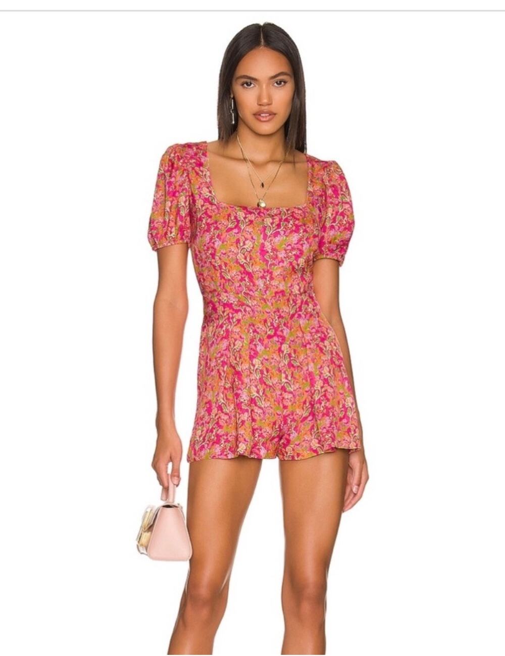 RESA x Revolve Penelope Romper Pink Floral Puff Sleeve Satin Short Sleeve